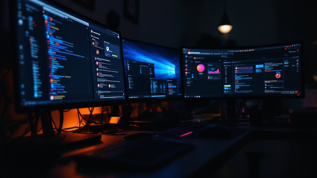 Multiple screens running separate browser profiles and a proxy dashboard in a dim room, a Google Ads account farming setup