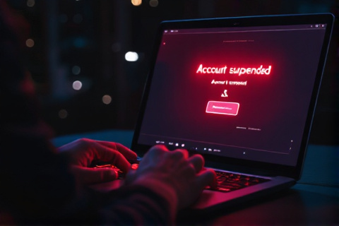 Laptop screen glowing red with an account suspended warning while a person sits frustrated in a dark room