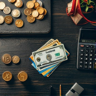 Top-down view of stacked credit cards, coins and a calculator representing the cost of running ad accounts