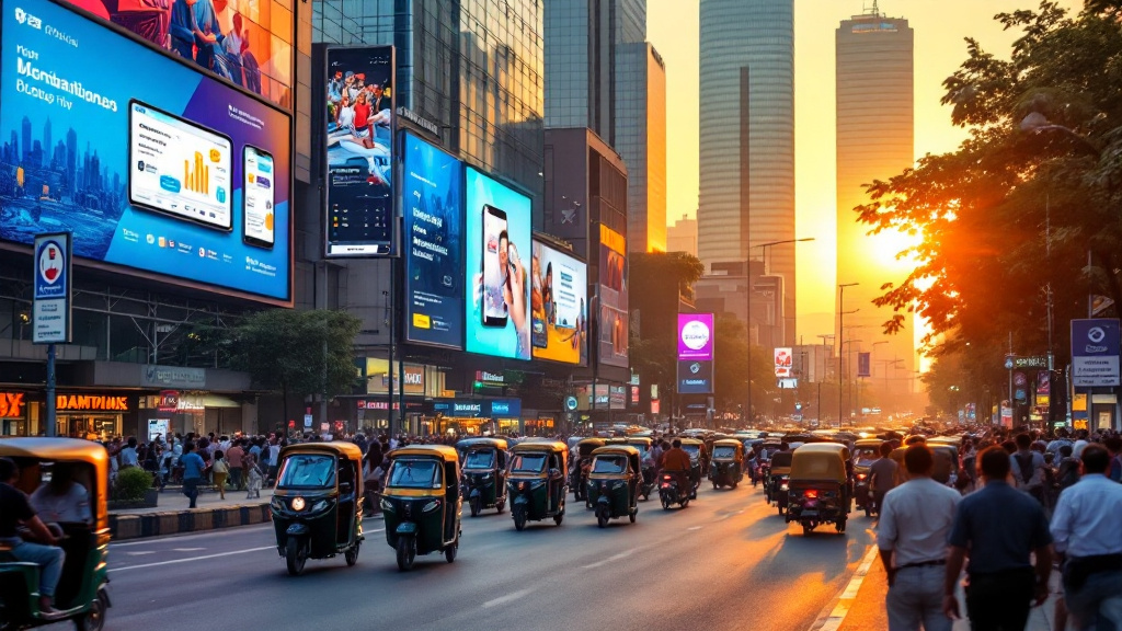 Bangladesh digital advertising landscape with modern billboards and smartphones showing ad dashboards in Dhaka