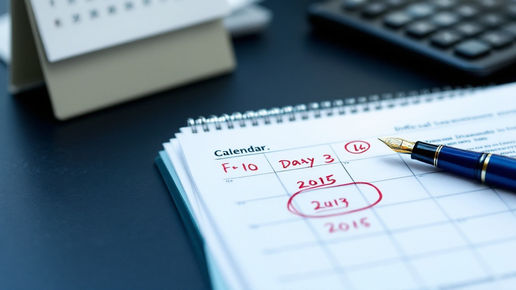 Wall calendar with sanction dates circled in red next to financial and legal documents on a dark desk