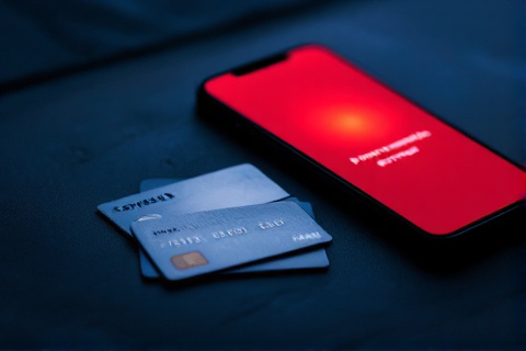 Two bank cards on a dark surface beside a smartphone showing a red payment error