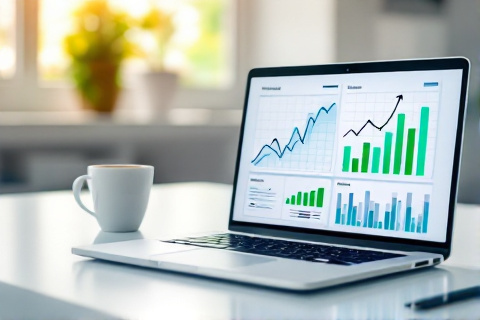Laptop showing a rising analytics dashboard on a clean desk, representing a healthy agency account