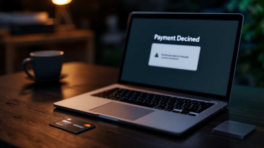 Laptop showing a Google Ads billing screen with a payment declined error, a bank card lying beside it