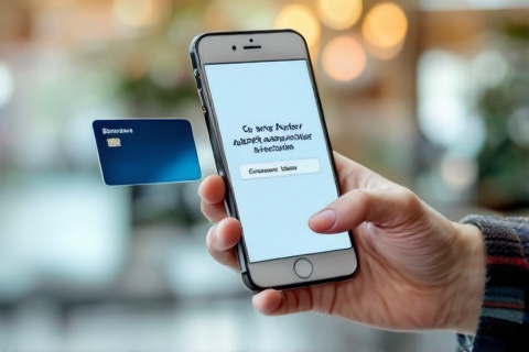Hand holding a smartphone displaying a bank two-factor authentication prompt with a payment card behind it