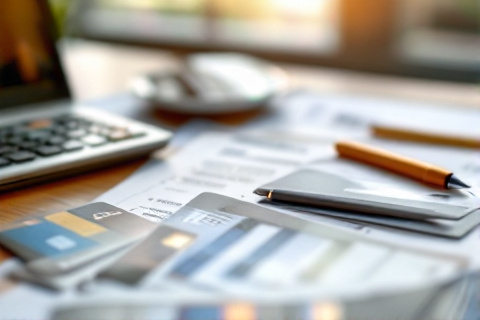 Several payment cards fanned out on a desk next to a calculator and a printed fee schedule