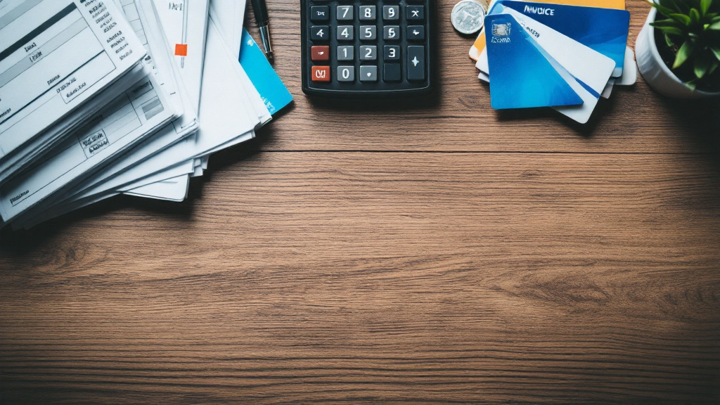 Desk with calculator, printed invoices, credit cards and coins representing the true cost of an agency account