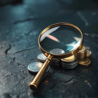 Magnifying glass over a stack of coins, auditing agency account pricing