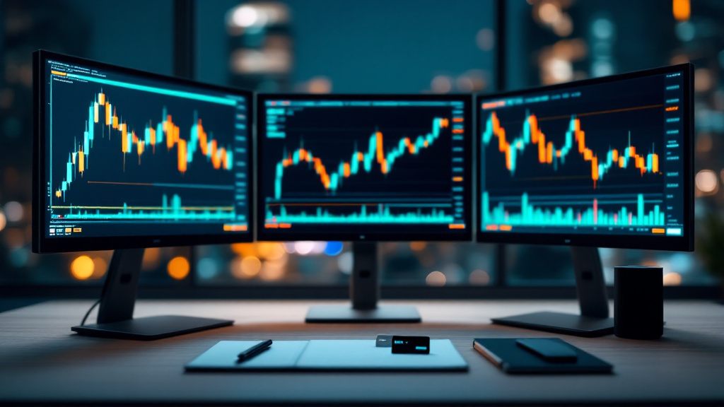 Crypto trading desk at night with monitors showing charts, a hardware wallet and payment cards