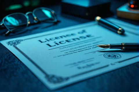 Official financial licence certificate with embossed regulator seal on a dark desk