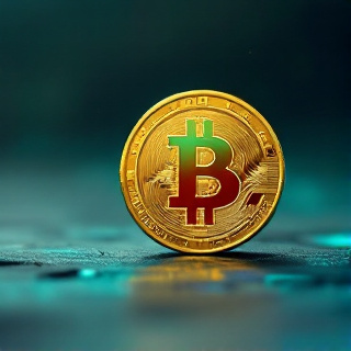 Macro photograph of a gold crypto coin standing on edge with teal rim light