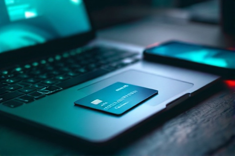 Bank card resting on a laptop trackpad beside a smartphone showing a banking notification