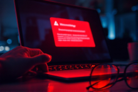 Laptop screen glowing red with a suspension warning dialog reflected in a pair of glasses