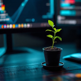 Small seedling on a desk beside a monitor edge glowing teal