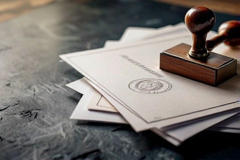 Stack of official business registration documents with embossed seal and rubber stamp for organization verification