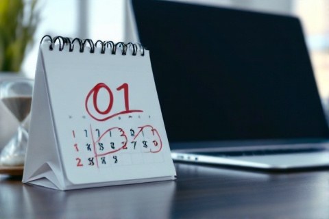 Desk calendar with a verification deadline circled in red next to a running hourglass and a closed laptop