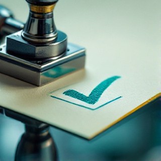 Rubber stamp pressing a teal checkmark onto paper, representing an approved Google Ads verification