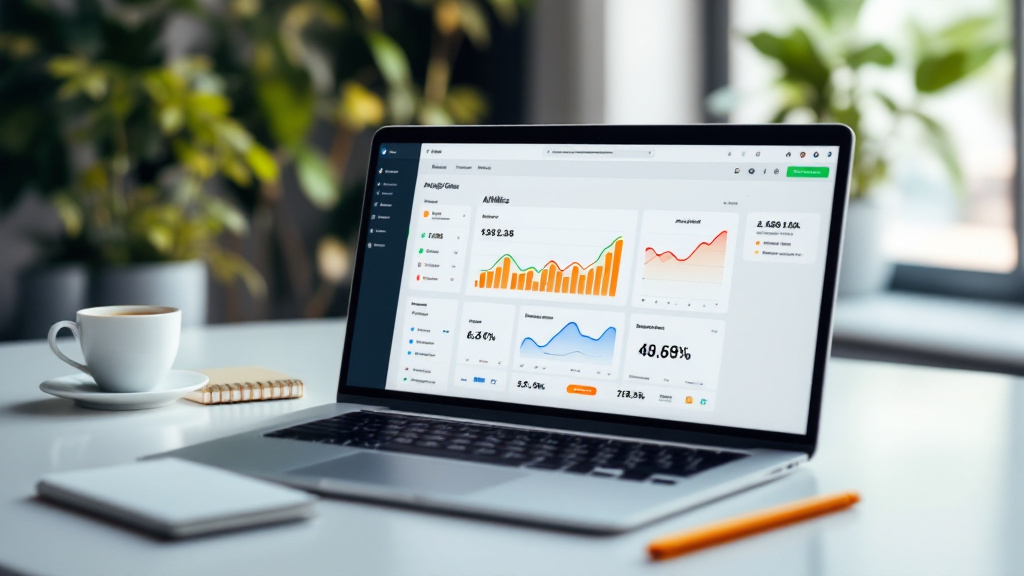 A laptop showing an affiliate marketing analytics dashboard with rising conversion charts on a clean desk