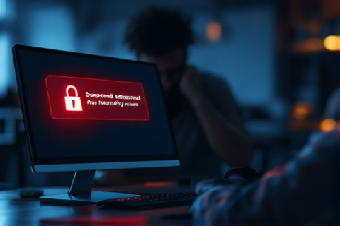A computer screen glowing red with a warning padlock icon indicating a suspended Google Ads account