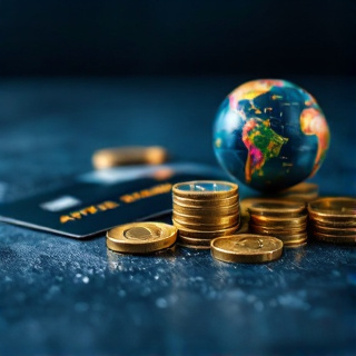 A stack of gold coins beside a small globe and a credit card representing international affiliate commissions