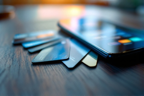 Credit cards fanned on a desk beside a smartphone payment screen