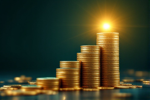 Staircase built from stacked gold coins climbing toward a bright horizon