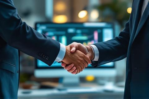 Two professionals shaking hands representing agency account partnership agreement