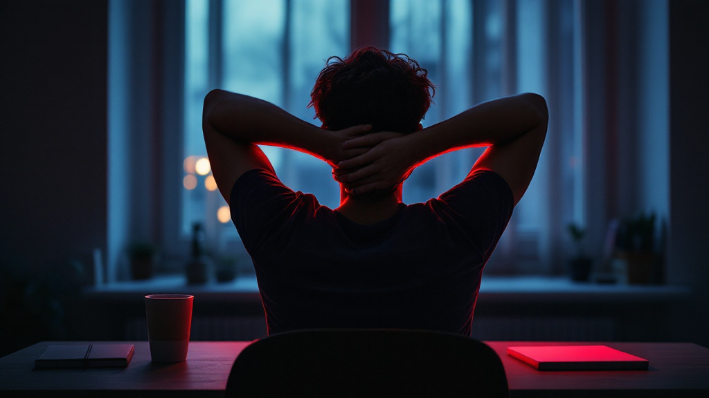 Advertiser sitting back from a desk at night facing a laptop screen glowing red after a rejected Google Ads appeal