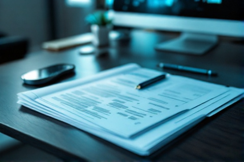 Folder of printed invoices, business registration papers and identity documents fanned across a desk with a magnifying glass