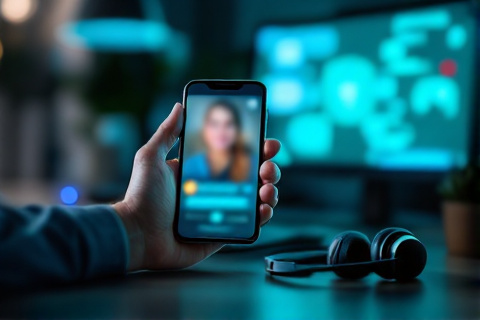 Hand holding a smartphone showing a blurred Google Ads support chat window beside a headset on a dark desk