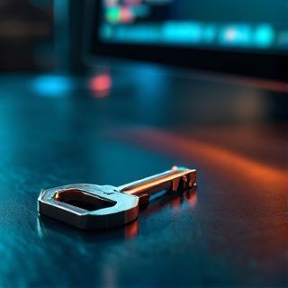 Single brass key on a slate desk beside a monitor edge glowing teal, representing a legitimate alternative route
