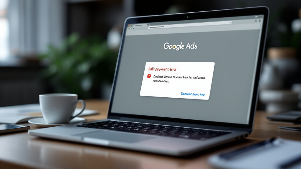 Google Ads billing page showing a declined bank transfer payment error on a laptop