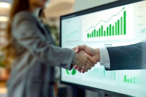 Analytics dashboard showing upward growth charts with an agency partnership handshake in the background