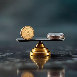 Two coins of different sizes balanced on a small brass scale under teal rim lighting