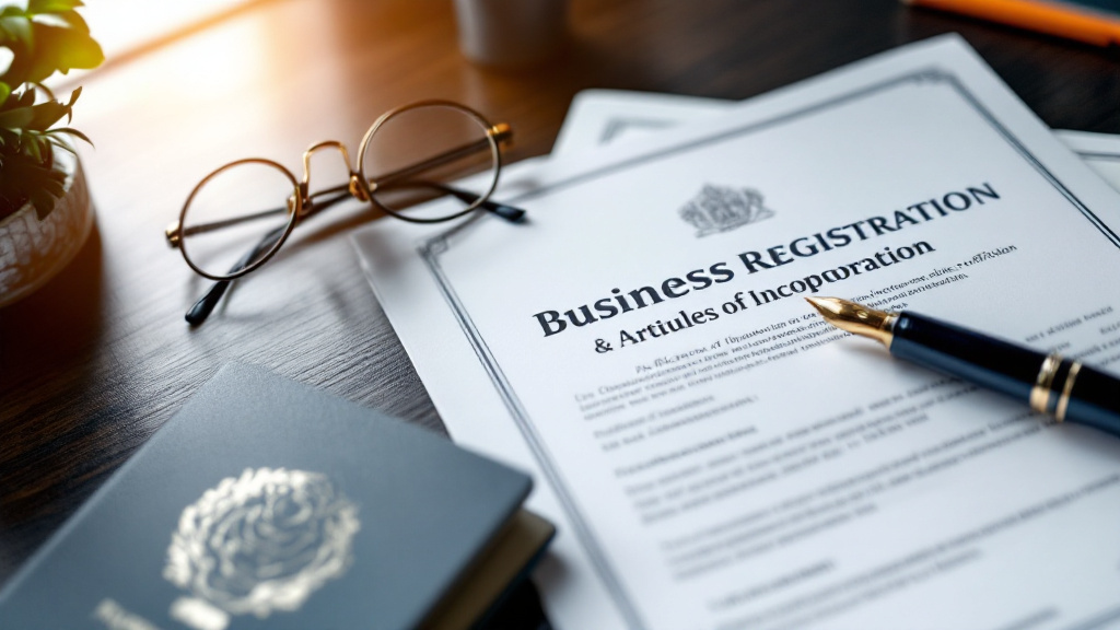 Business registration certificate, passport and pen on a desk, the document set required for Google Ads business operations verification