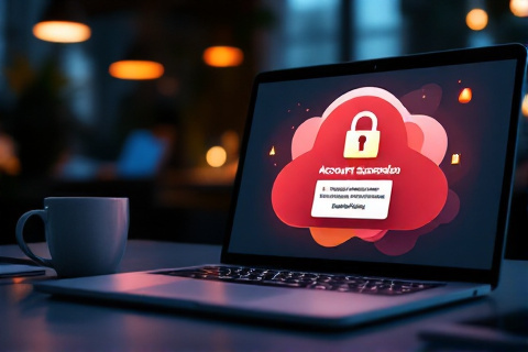 Laptop showing a red Google Ads account suspension warning with a padlock icon in a dark office