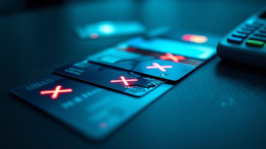 Credit and debit cards spread on dark surface with red decline indicators showing payment failures
