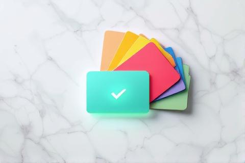 Virtual payment cards arranged on marble surface with one teal card highlighted