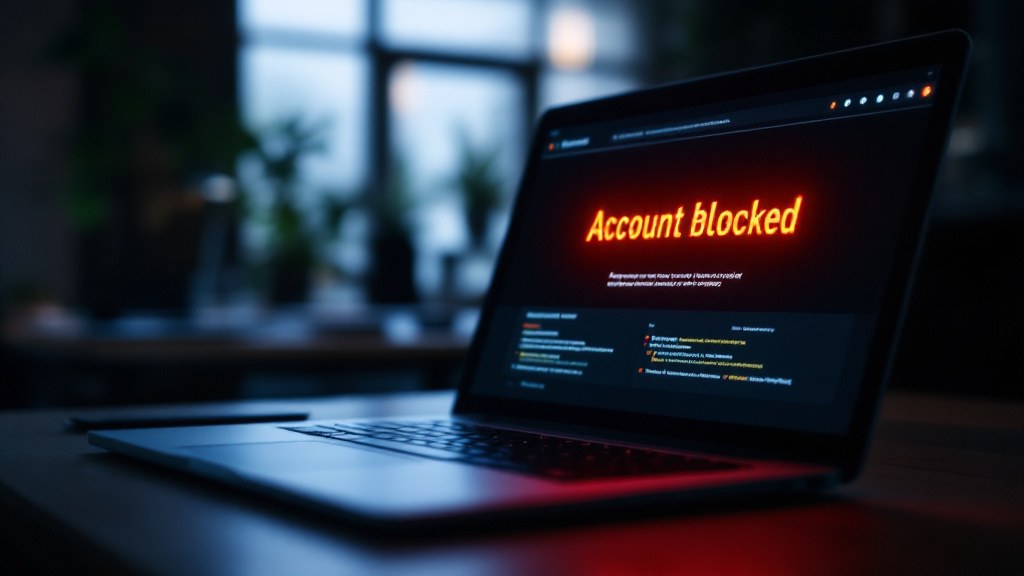 Laptop screen showing a red Google Ads account suspended warning in a dim office