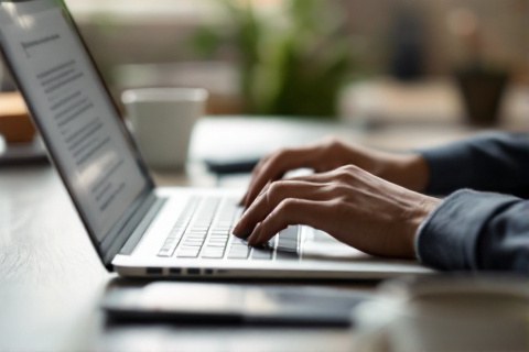 Person's hands typing a formal Google Ads appeal letter on a laptop at a clean desk