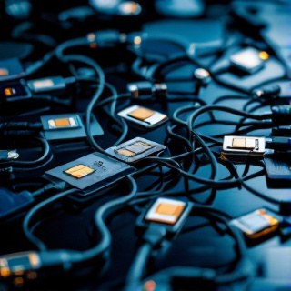 Tangle of interconnected credit cards, SIM cards and network cables symbolizing shared digital footprints