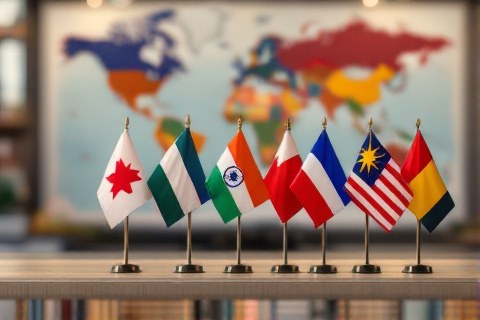 Row of national flags on desk stands in front of a world map, representing per-country gambling licence requirements