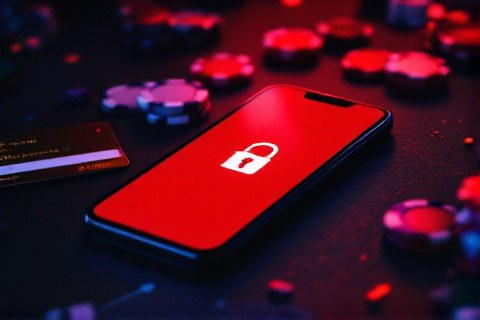 Smartphone showing a red blocked warning screen with a padlock icon beside casino chips and a credit card