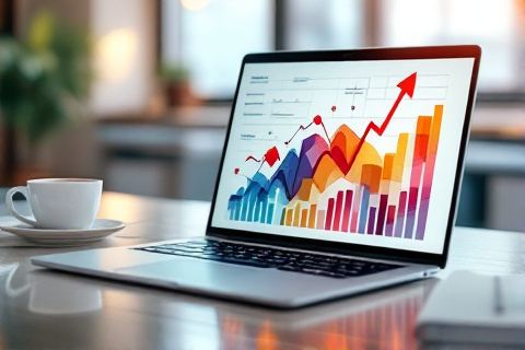 Laptop displaying affiliate campaign analytics dashboard with performance charts in a modern office