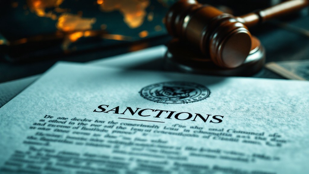 Legal sanctions document with an embossed government seal and a judge's gavel, representing U.S. OFAC restrictions on Iran