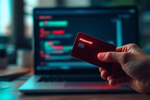 Hand holding a bank card in front of a laptop showing a red payment declined error