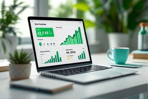 Laptop showing a rising analytics dashboard with green growth charts on a bright desk