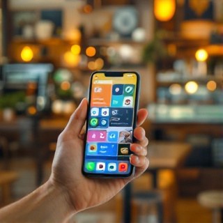 Smartphone showing a grid of local Iranian mobile app icons and an advertising feed