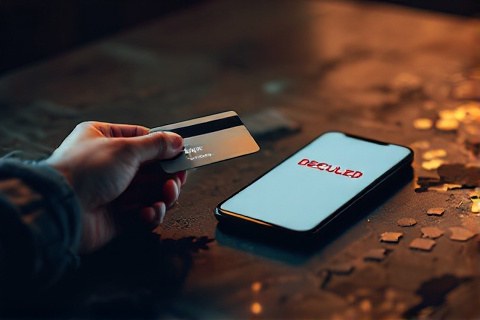 Declined bank card next to a phone showing a payment error for Google Ads in Kazakhstan