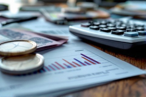 Calculator, tax documents and tenge banknotes representing Kazakhstan digital services VAT on Google Ads